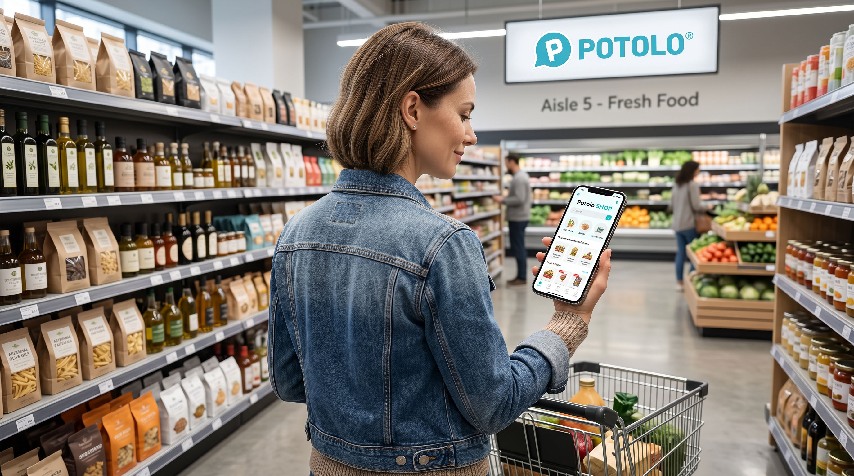 Shopper using the Potolo Supermarket app in a fresh food aisle